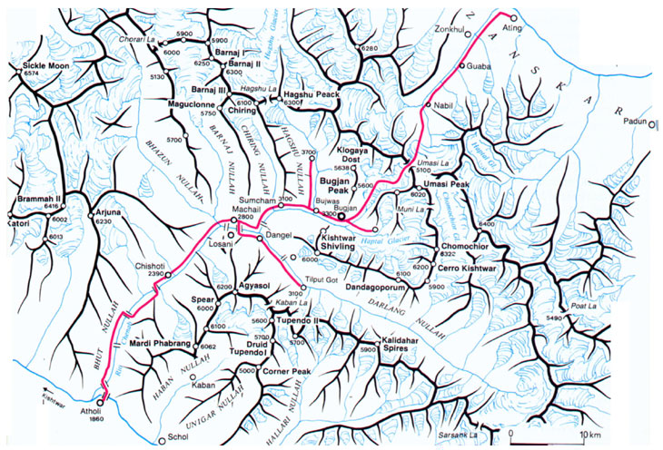 Mappa topografica della regione del Kishtwar